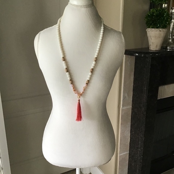 Tassel Necklace Coral Ivory Pink Faceted Beads Long Boho Adjustable Goldtone - Picture 12 of 12